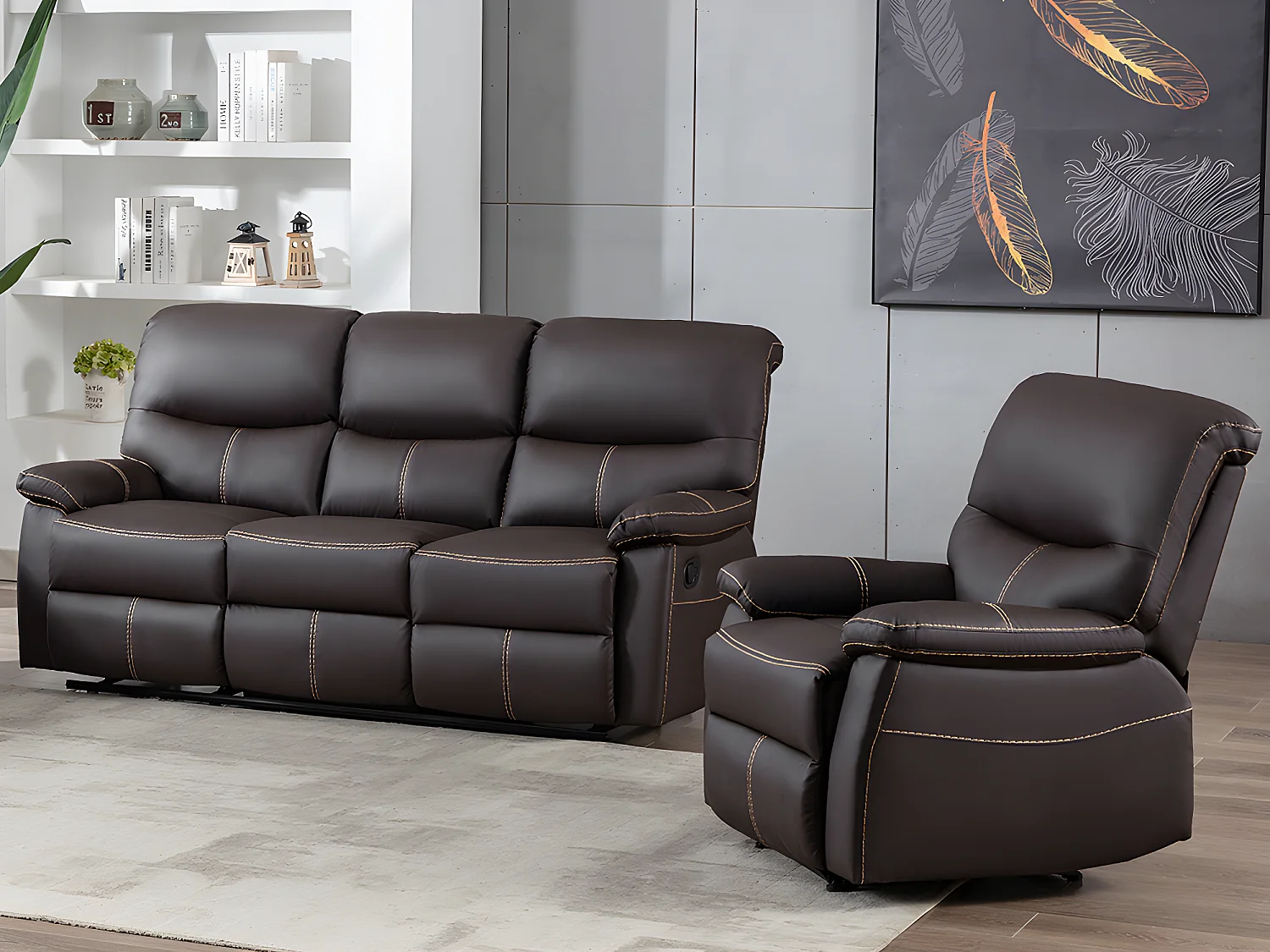 Canapé 3 places et un fauteuil relax en simili marron CANBY