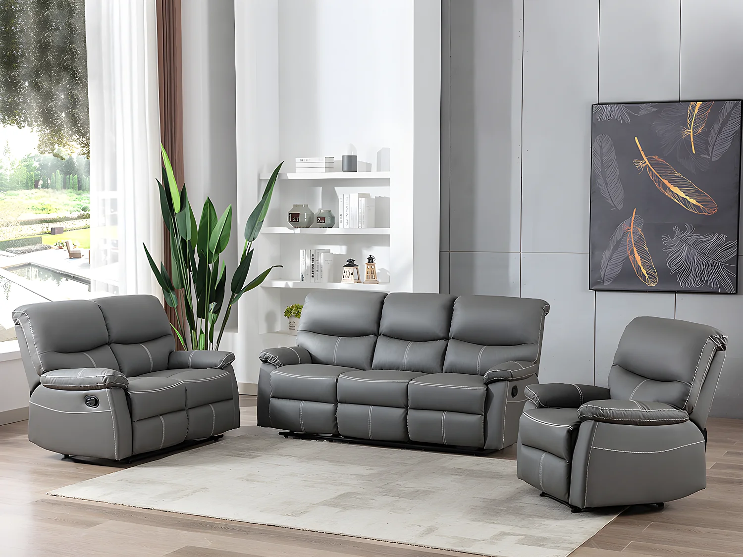 Canapés 3 places 2 places et un fauteuil relax en simili gris CANBY