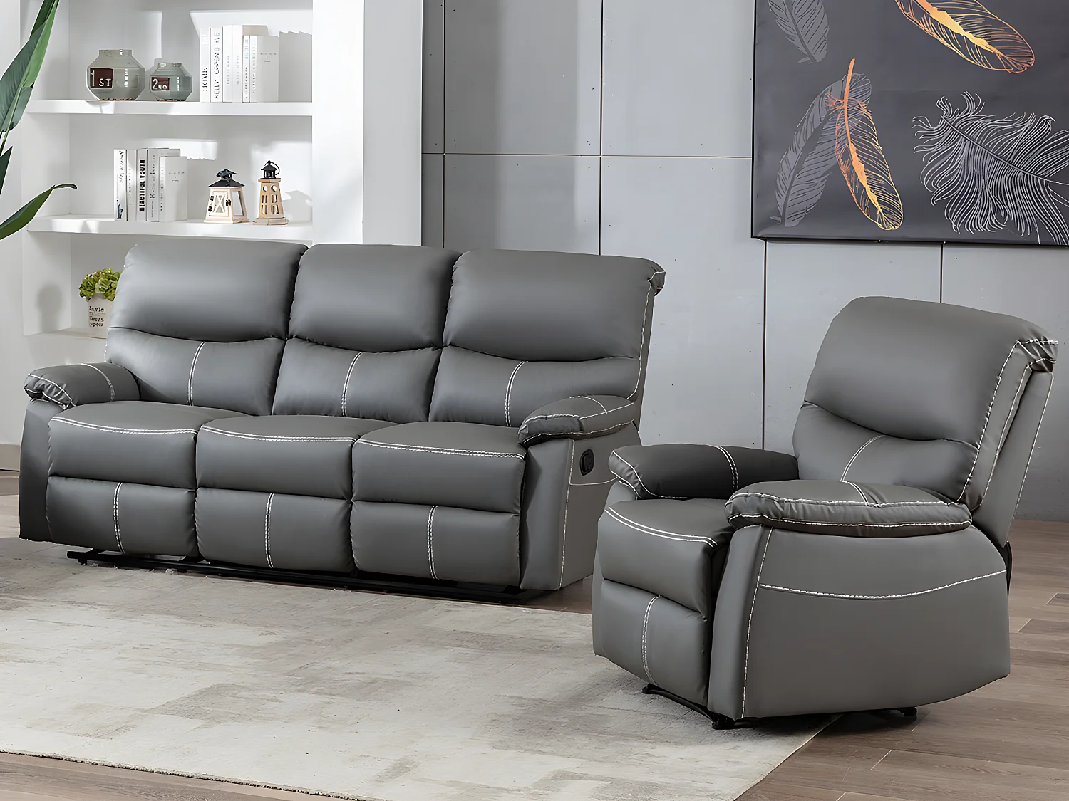 Canapé 3 places et un fauteuil relax en simili gris CANBY