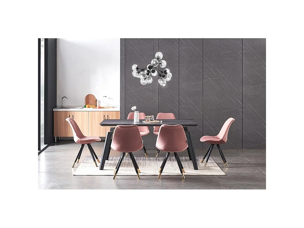 SOFIA COSMO - Ensemble Table à Manger Rectangulaire Noire + 6 Chaises en Velours Rose