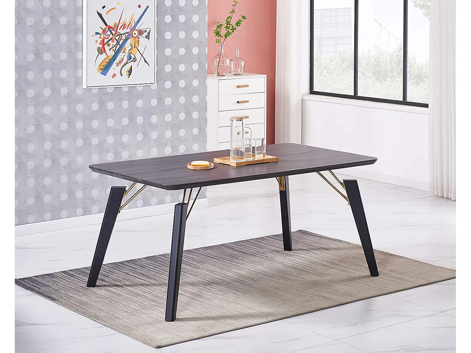 SOFIA COSMO - Ensemble Table à Manger Rectangulaire Noire + 6 Chaises en Velours Rose