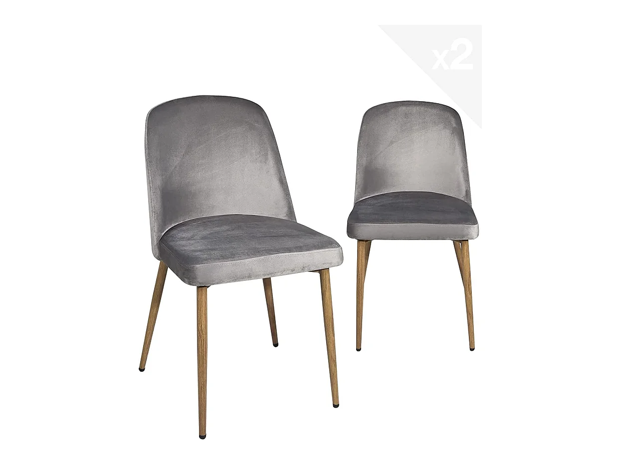 Lot 2 chaises salon salle à manger velours rembourré pieds métal ton bois clair DIMA (gris)