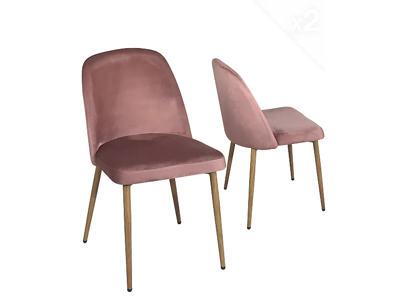 Lot 2 chaises salon salle à manger velours rembourré pieds métal ton bois clair DIMA (rose)