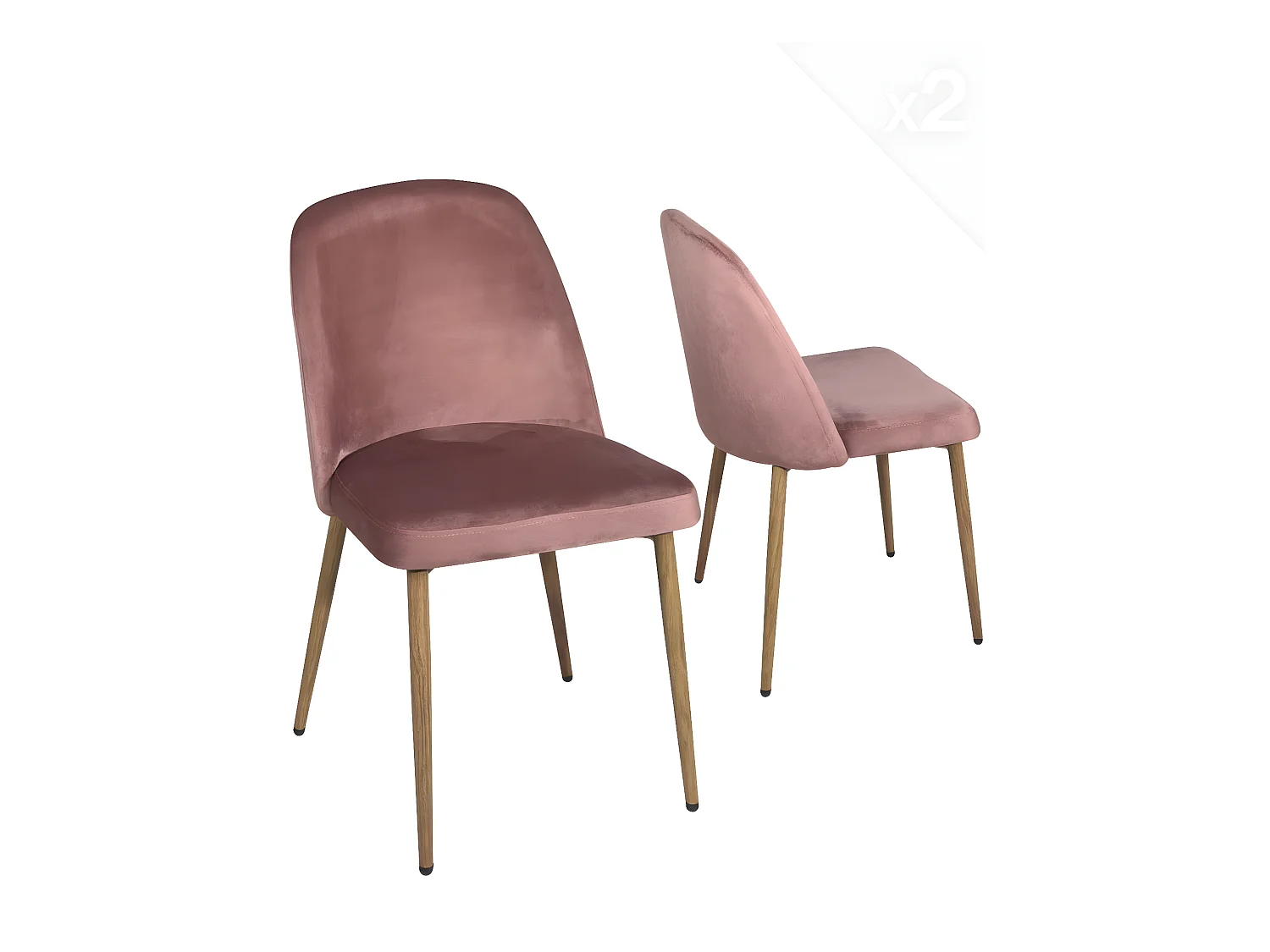 Lot 2 chaises salon salle à manger velours rembourré pieds métal ton bois clair DIMA (rose)