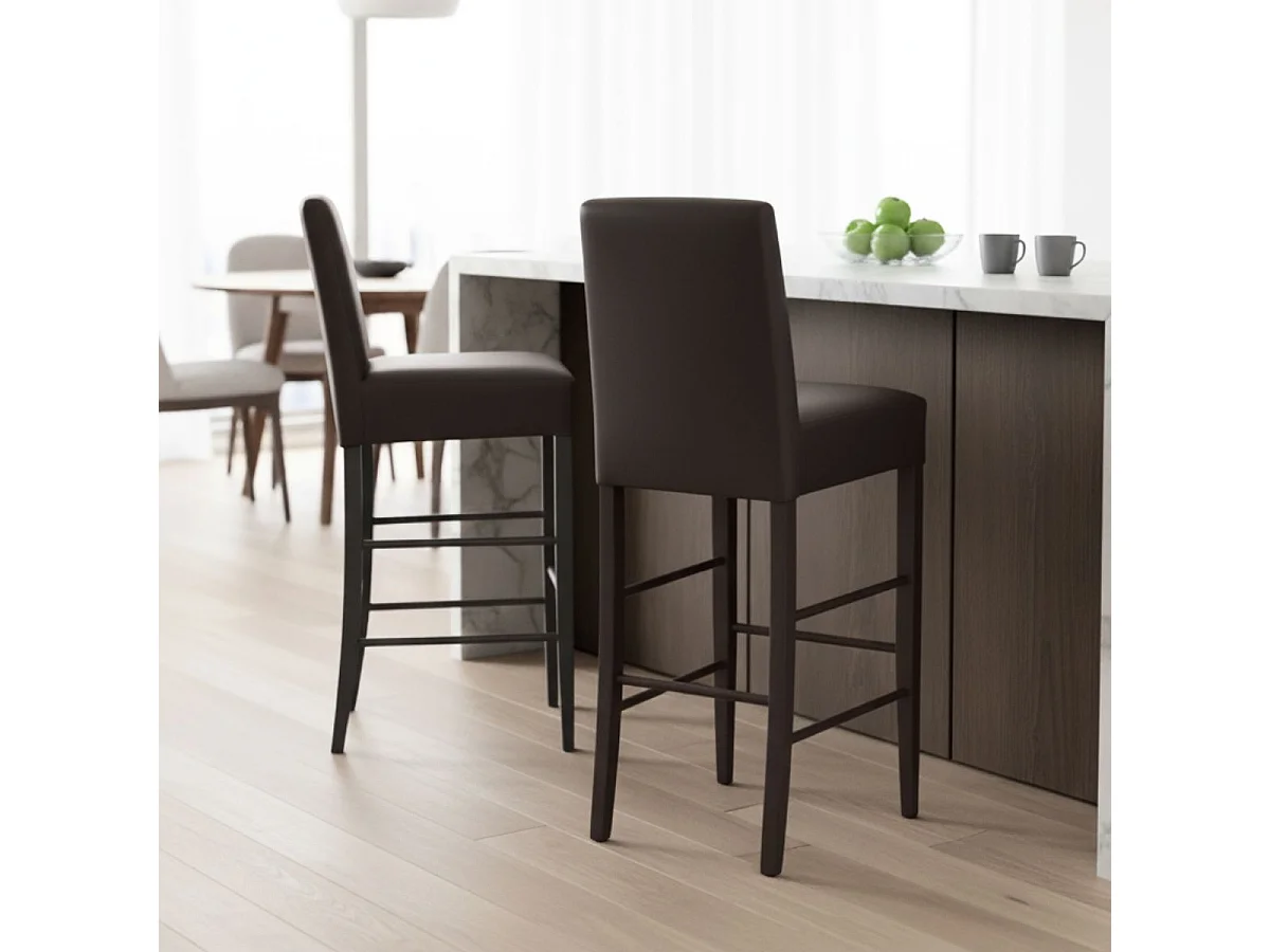 TONY - Lot de 2 Tabourets Laqués Noir et Assise Simili Cuir Noir