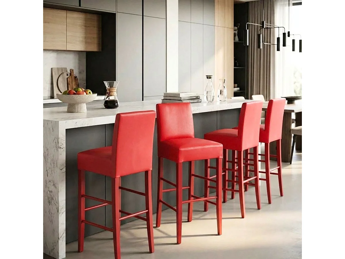 TONY - Lot de 4 Tabourets Laqués Rouge et Assise Simili Cuir Rouge