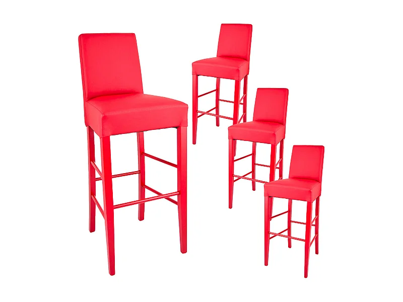TONY - Lot de 4 Tabourets Laqués Rouge et Assise Simili Cuir Rouge