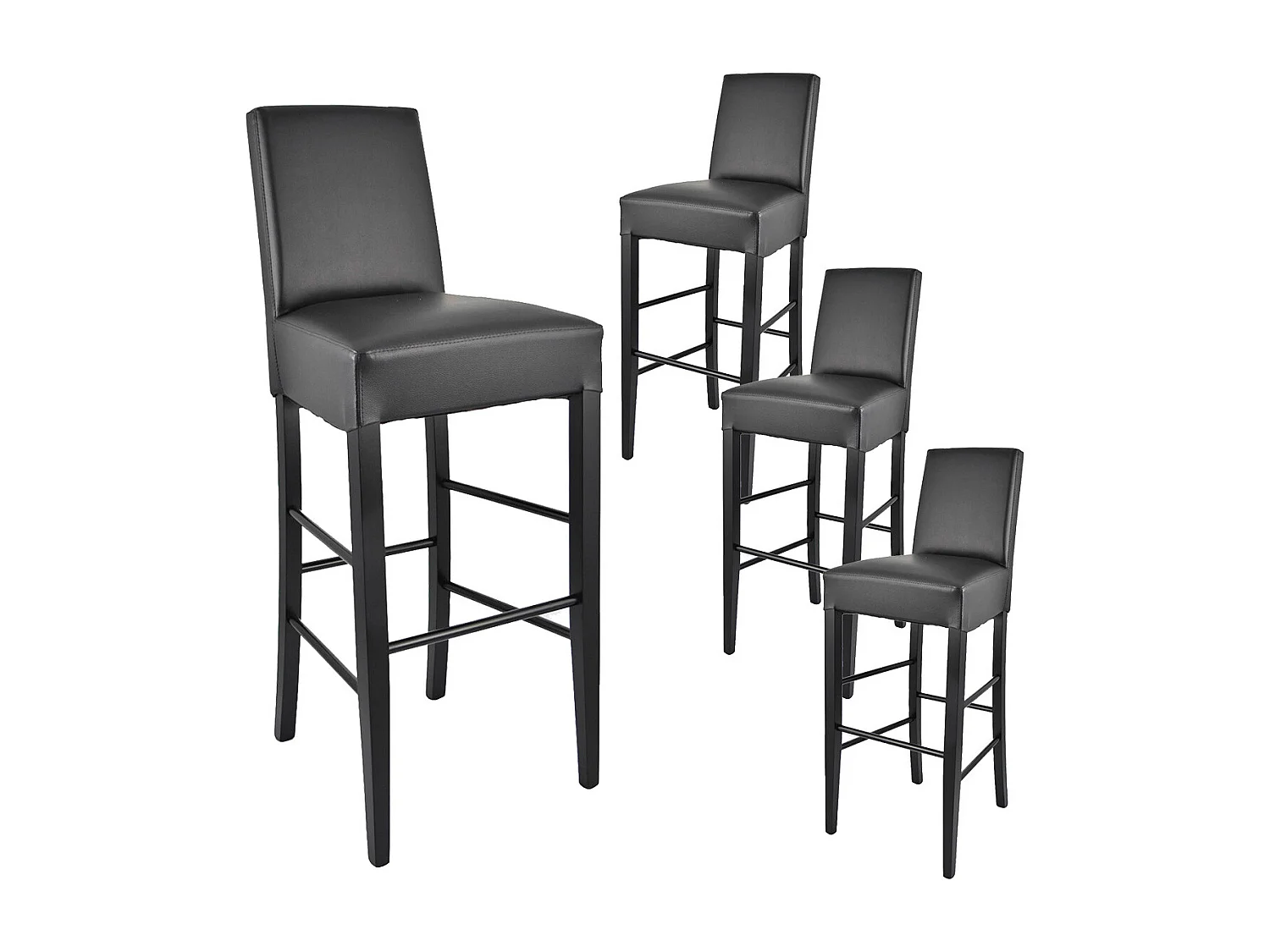 TONY - Lot de 4 Tabourets Laqués Noir et Assise Simili Cuir Noir