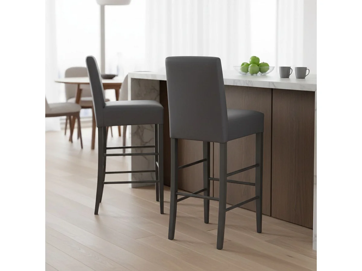 TONY - Lot de 2 Tabourets Laqués Gris et Assise Simili Cuir Gris