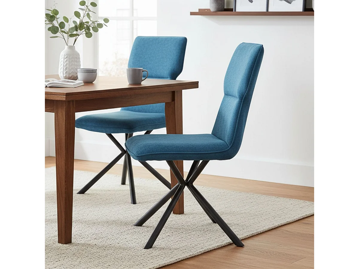 PAST - Lot de 4 Chaises Tissu Chiné Bleu Piètement Etoile