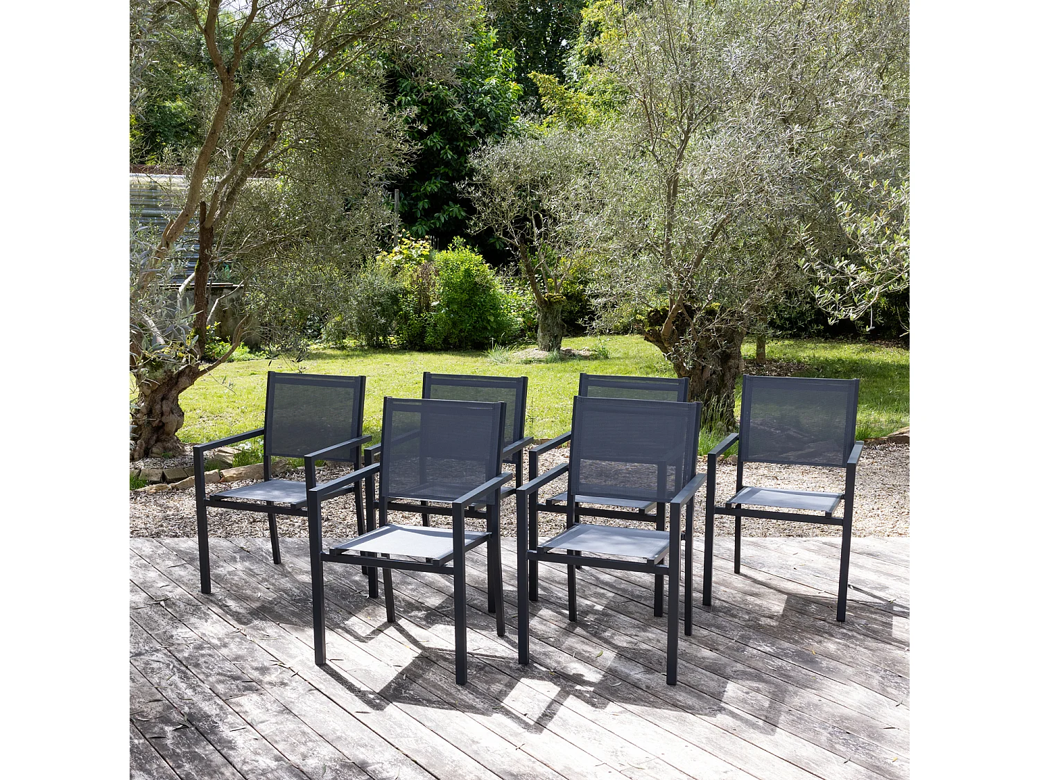 Lot de 6 chaises en aluminium anthracite - textilène gris - HAPPY GARDEN