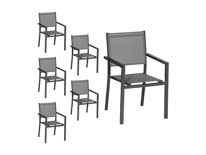 Lot de 6 chaises en aluminium anthracite - textilène gris - HAPPY GARDEN