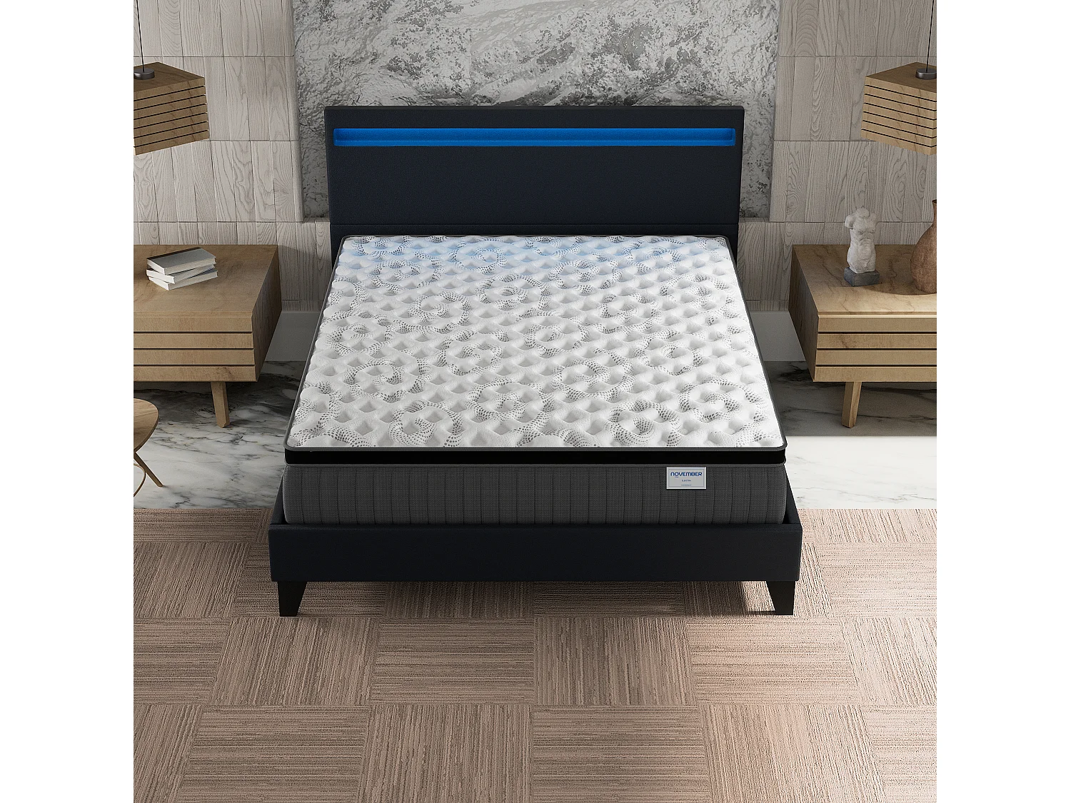 Ensemble Matelas + lit 140x200 cm, Matelas 30cm ressorts ensachés + mémoire de forme, lit à tête de lit LED similicuir noir
