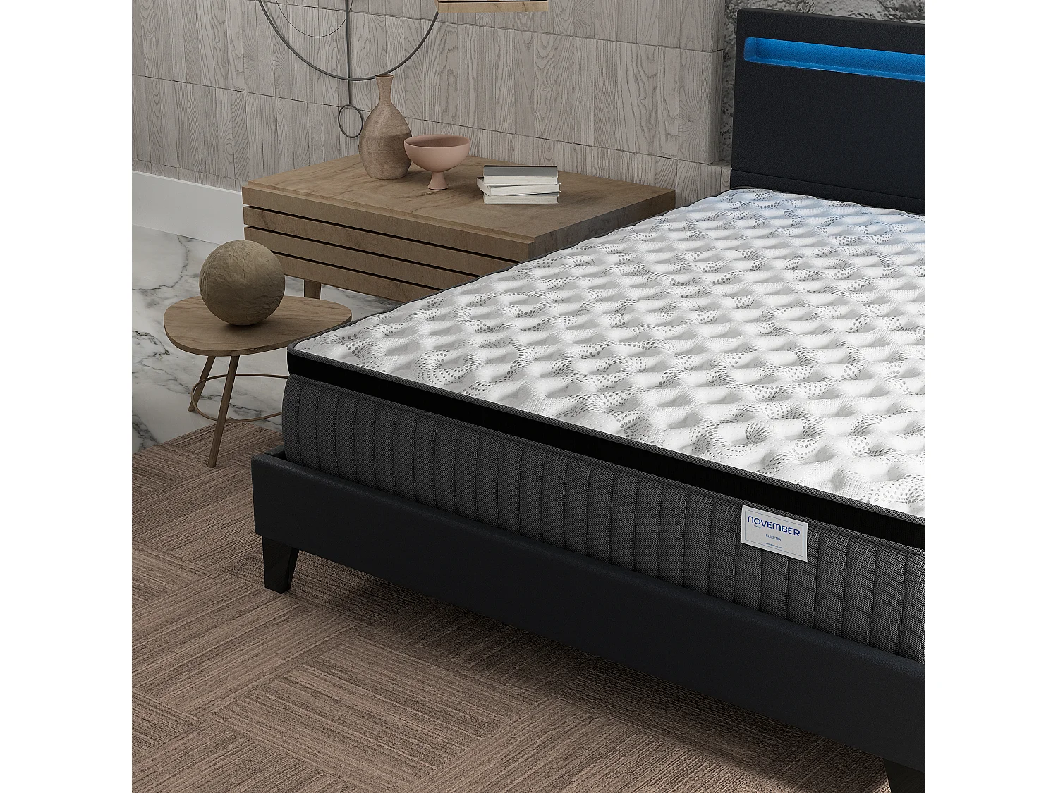 Ensemble Matelas + lit 140x200 cm, Matelas 30cm ressorts ensachés + mémoire de forme, lit à tête de lit LED similicuir noir