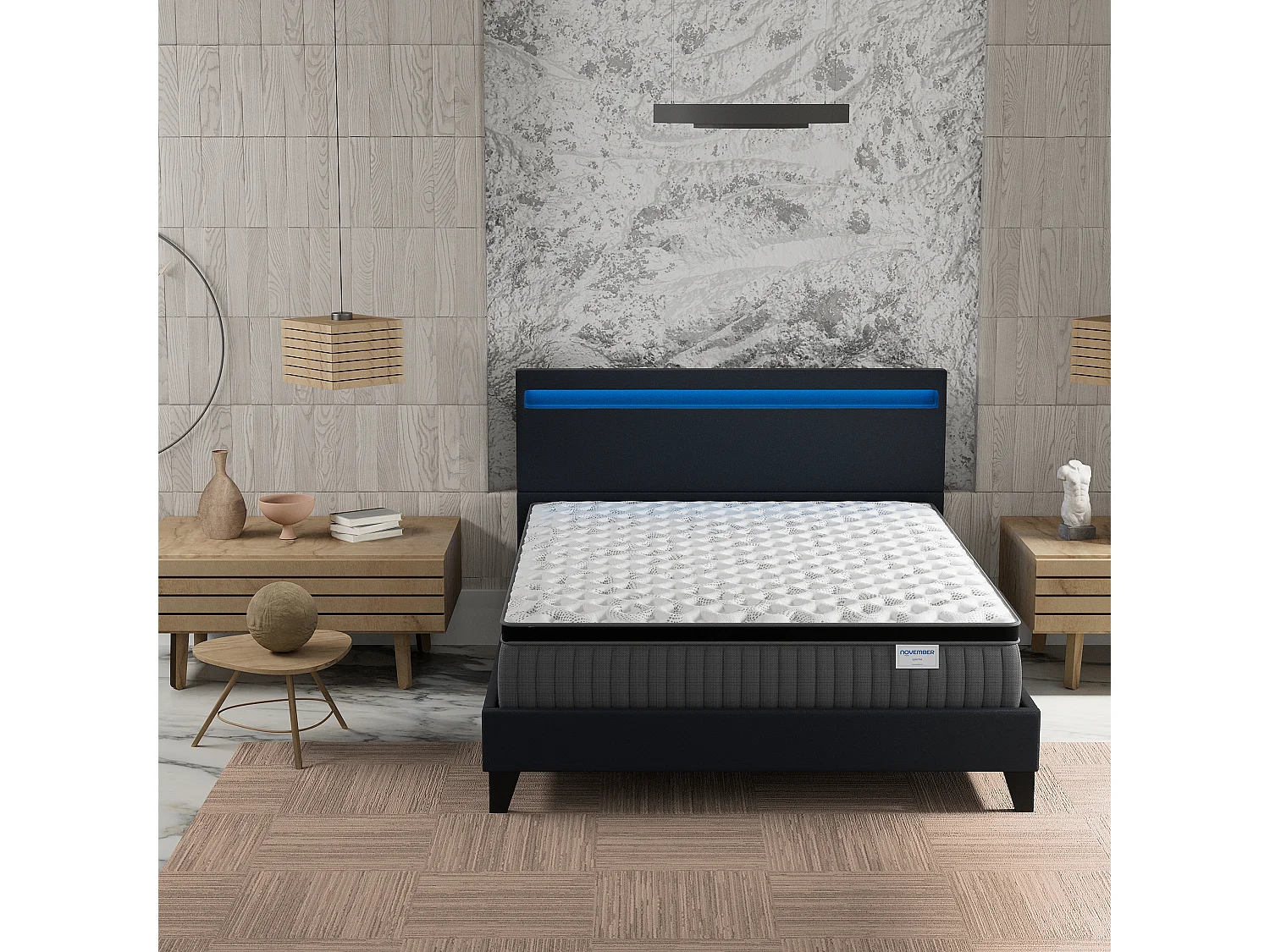 Ensemble Matelas + lit 140x200 cm, Matelas 30cm ressorts ensachés + mémoire de forme, lit à tête de lit LED similicuir noir