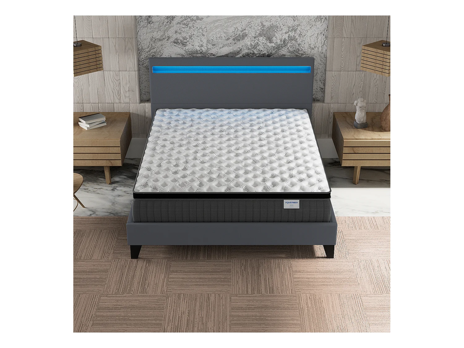 Ensemble Matelas + lit 140x200 cm, Matelas 30cm ressorts ensachés + mémoire de forme, lit à tête de lit LED similicuir gris