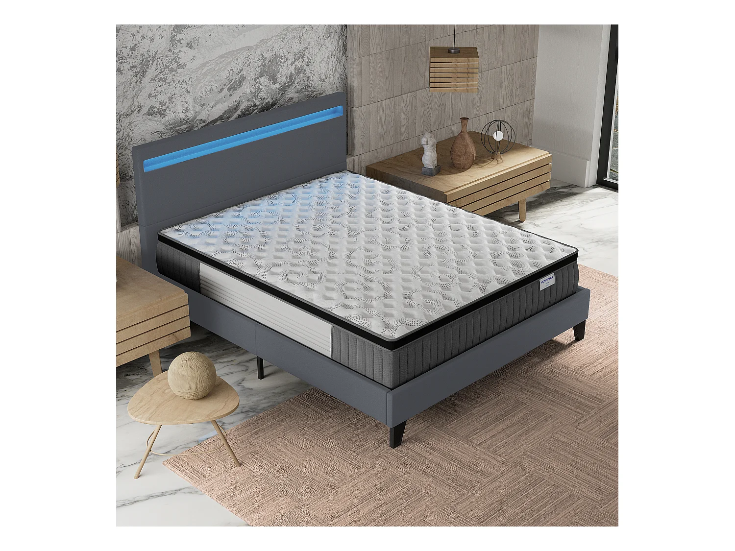 Ensemble Matelas + lit 140x200 cm, Matelas 30cm ressorts ensachés + mémoire de forme, lit à tête de lit LED similicuir gris