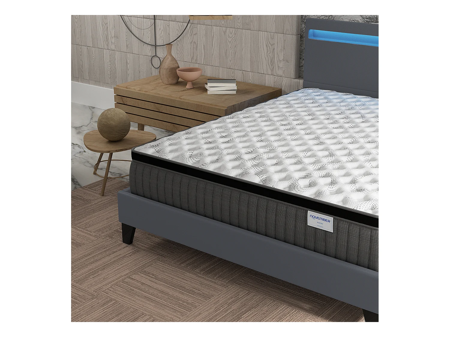 Ensemble Matelas + lit 140x200 cm, Matelas 30cm ressorts ensachés + mémoire de forme, lit à tête de lit LED similicuir gris