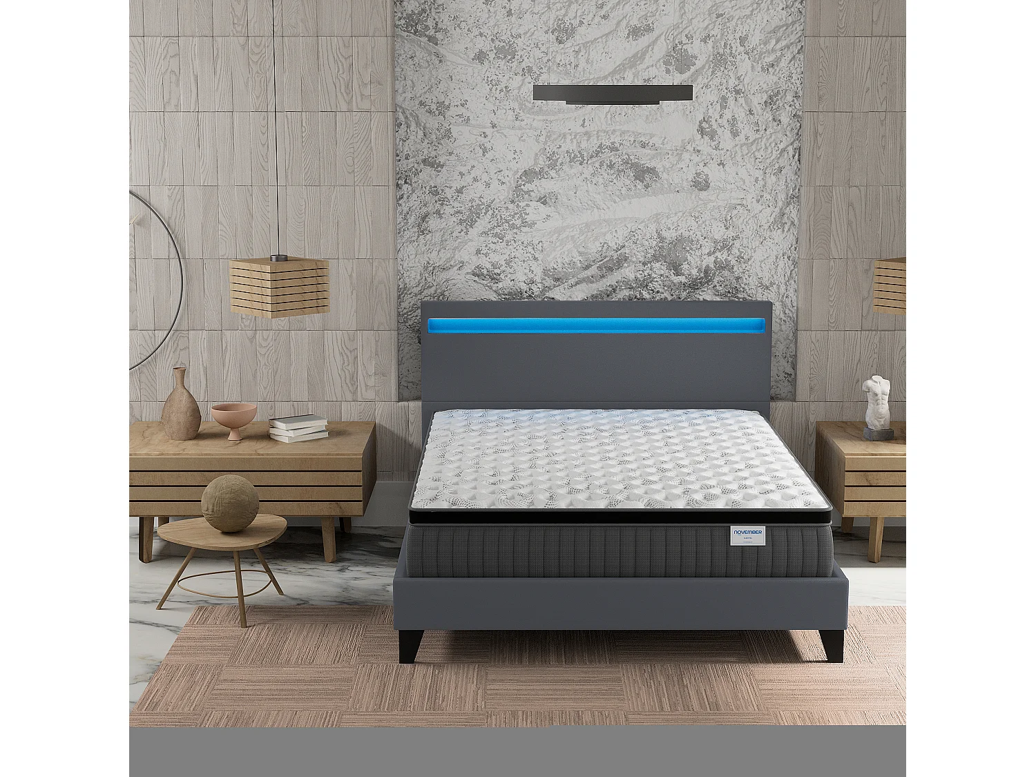 Ensemble Matelas + lit 140x200 cm, Matelas 30cm ressorts ensachés + mémoire de forme, lit à tête de lit LED similicuir gris
