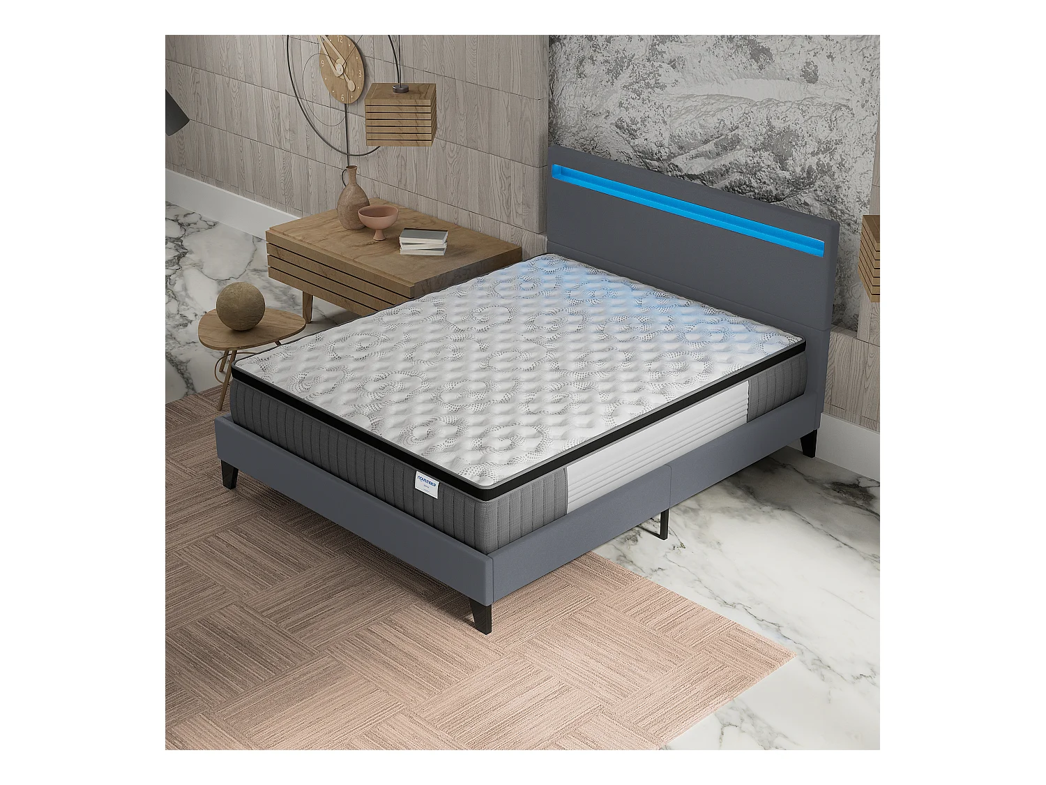 Ensemble Matelas + lit 140x200 cm, Matelas 30cm ressorts ensachés + mémoire de forme, lit à tête de lit LED similicuir gris