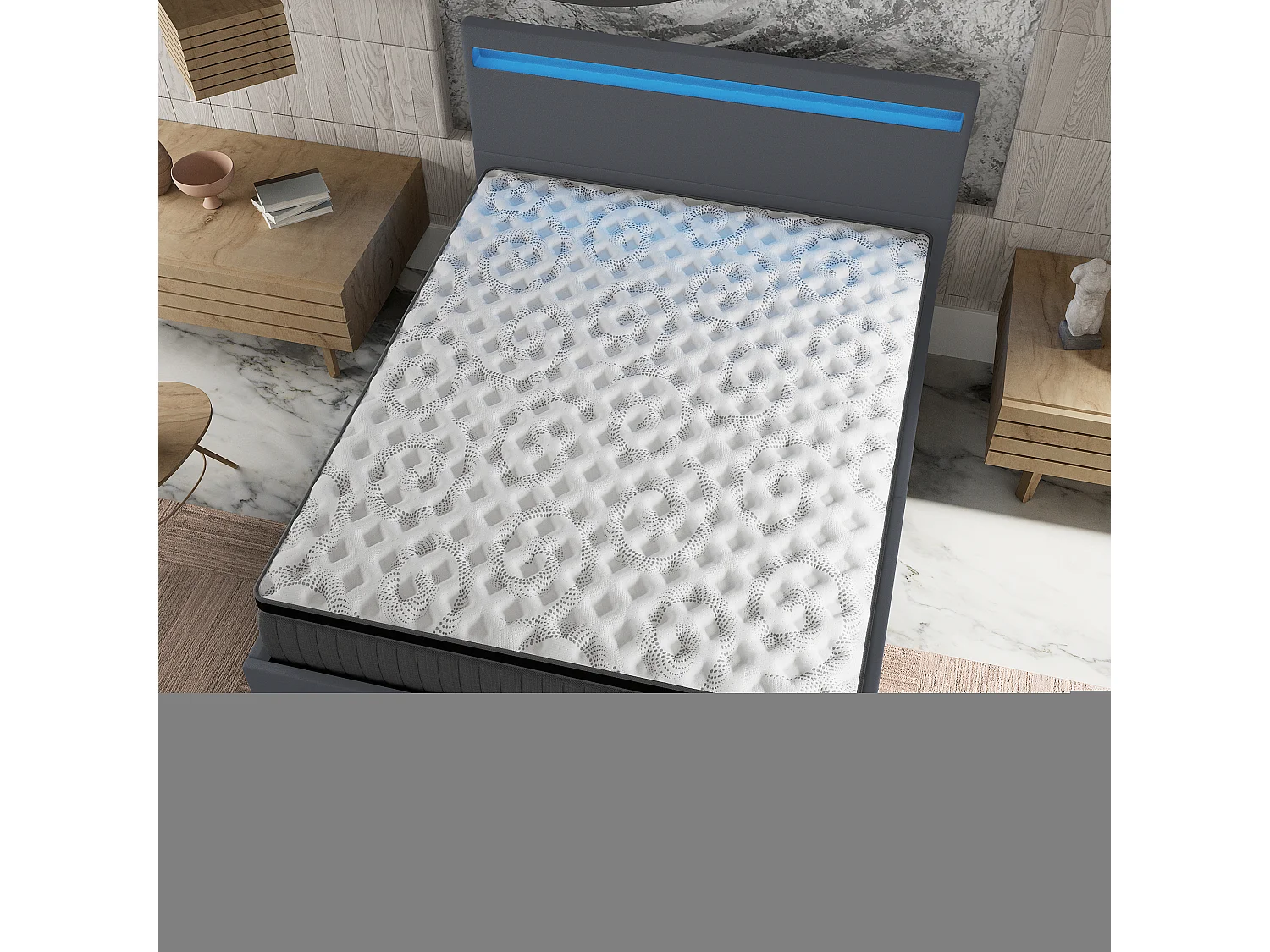 Ensemble Matelas + lit 140x200 cm, Matelas 30cm ressorts ensachés + mémoire de forme, lit à tête de lit LED similicuir gris