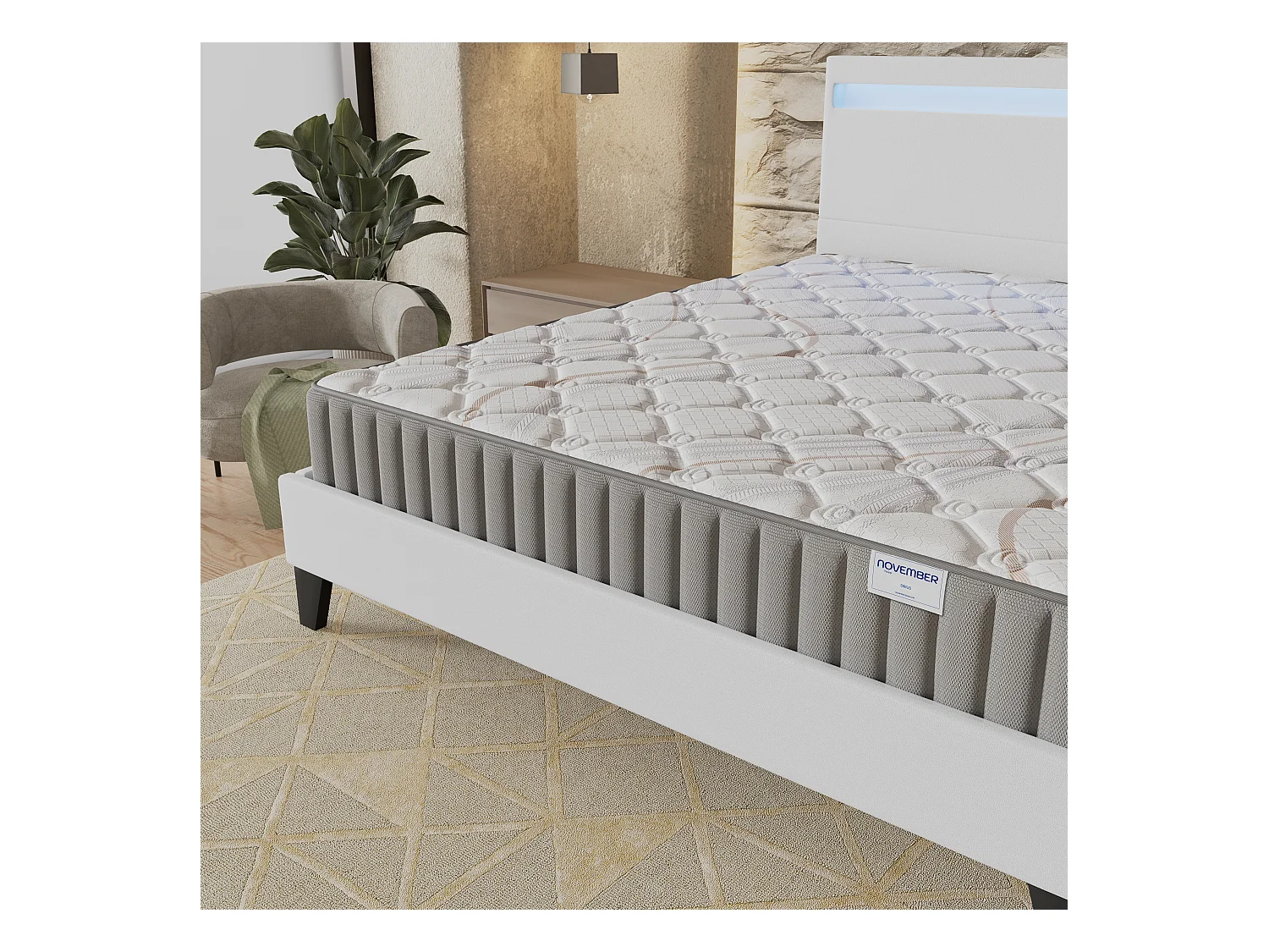 Ensemble Matelas + lit 140x190 cm, Matelas 22cm mousse, accueil latex, lit à tête de lit LED similicuir blanc