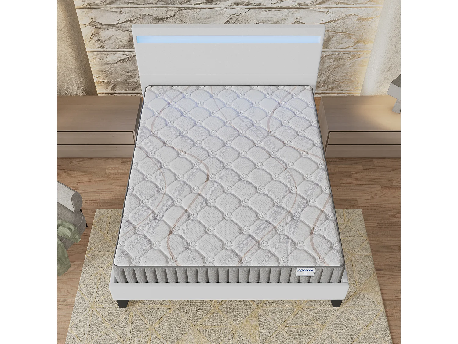 Ensemble Matelas + lit 140x190 cm, Matelas 22cm mousse, accueil latex, lit à tête de lit LED similicuir blanc