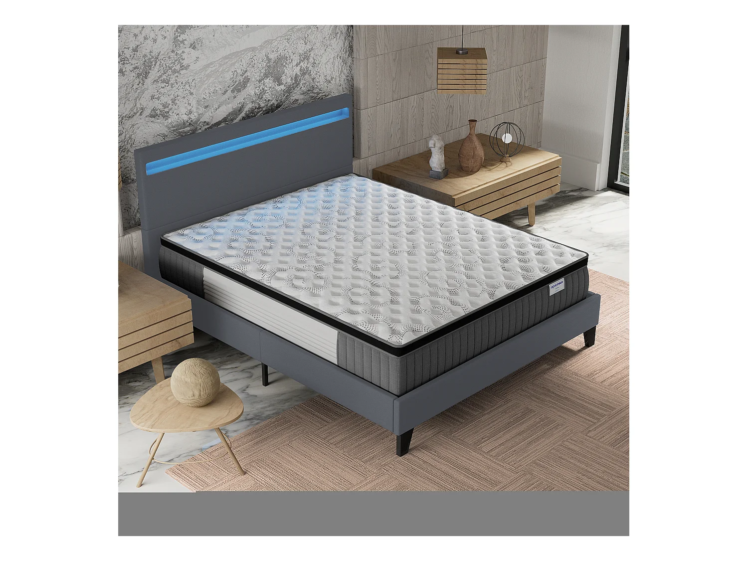 Ensemble Matelas + lit 140x190 cm, Matelas 30cm ressorts ensachés + mémoire de forme, lit à tête de lit LED similicuir gris