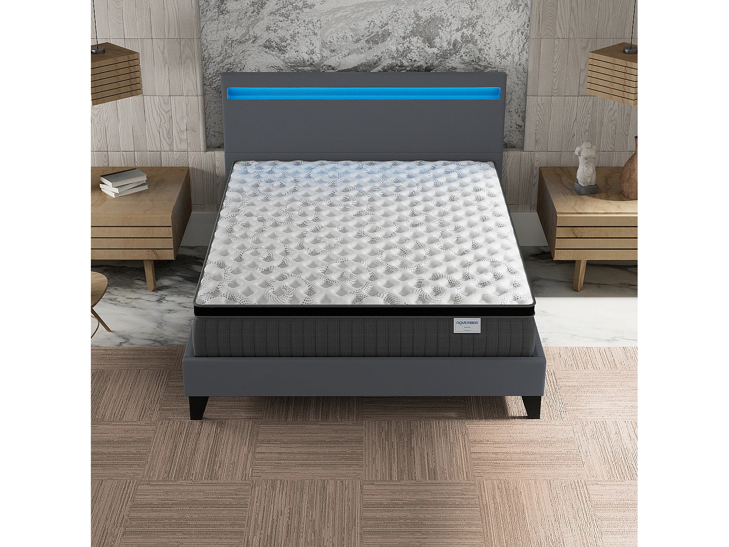 Ensemble Matelas + lit 140x190 cm, Matelas 30cm ressorts ensachés + mémoire de forme, lit à tête de lit LED similicuir gris