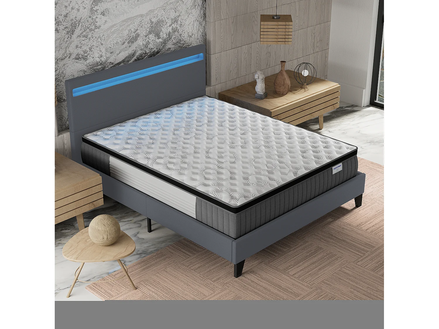 Ensemble Matelas + lit 140x190 cm, Matelas 30cm ressorts ensachés + mémoire de forme, lit à tête de lit LED similicuir gris