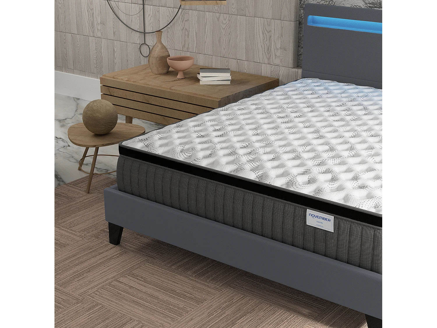 Ensemble Matelas + lit 140x190 cm, Matelas 30cm ressorts ensachés + mémoire de forme, lit à tête de lit LED similicuir gris