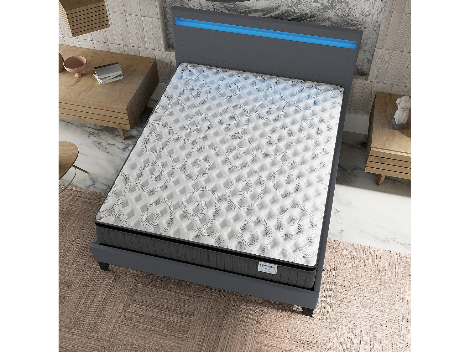 Ensemble Matelas + lit 140x190 cm, Matelas 30cm ressorts ensachés + mémoire de forme, lit à tête de lit LED similicuir gris