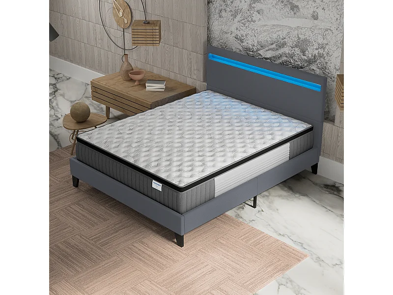 Ensemble Matelas + lit 140x190 cm, Matelas 30cm ressorts ensachés + mémoire de forme, lit à tête de lit LED similicuir gris