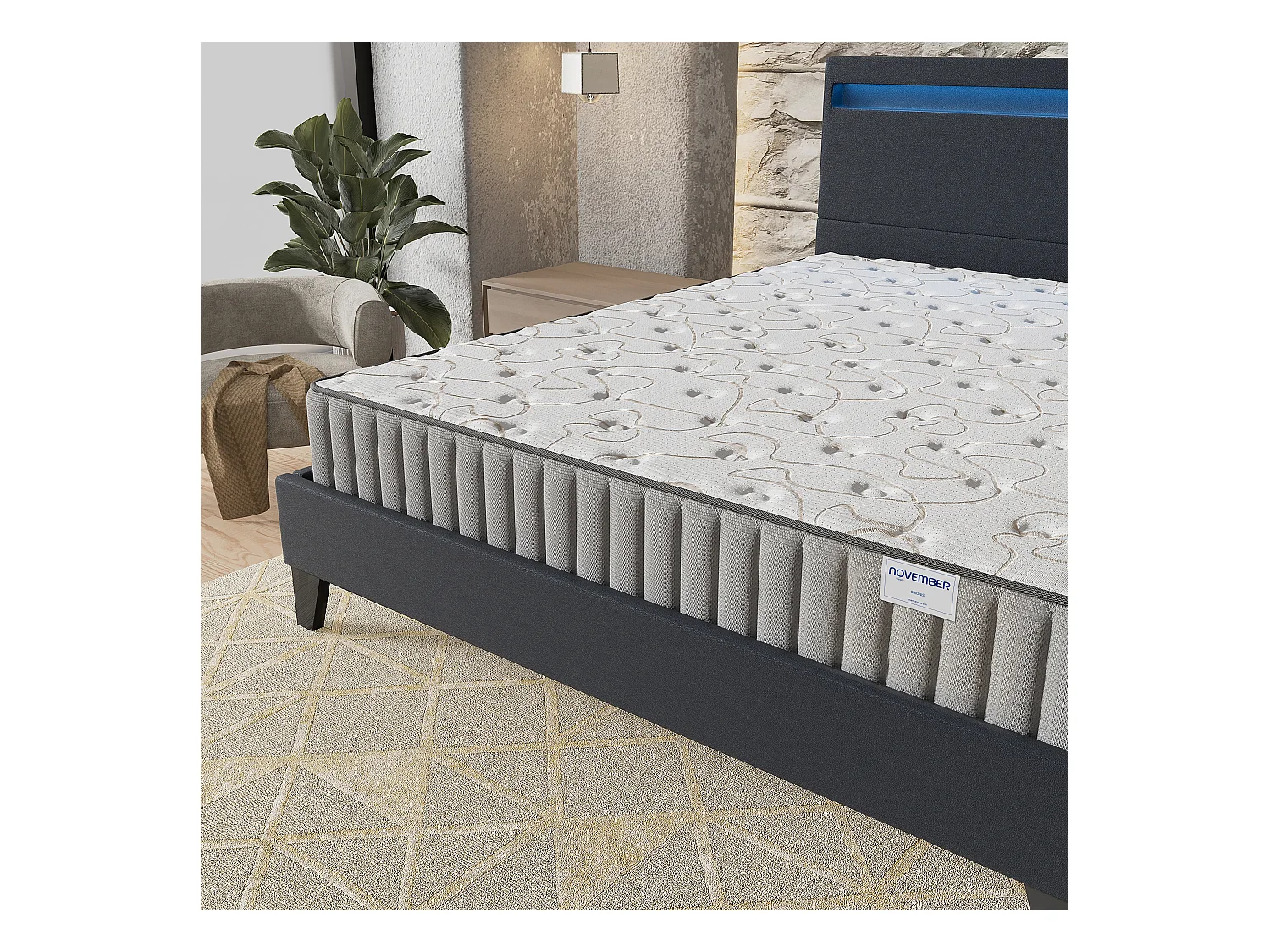 Ensemble Matelas + lit 140x190 cm, Matelas 22cm mousse, accueil mémoire de forme, lit à tête de lit LED similicuir noir