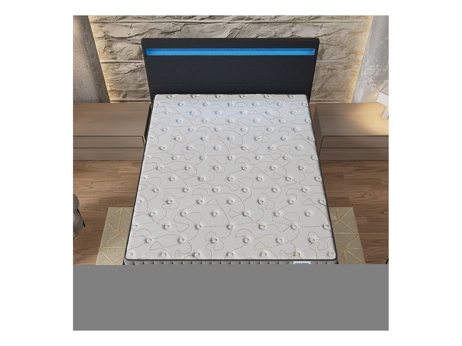 Ensemble Matelas + lit 140x190 cm, Matelas 22cm mousse, accueil mémoire de forme, lit à tête de lit LED similicuir noir
