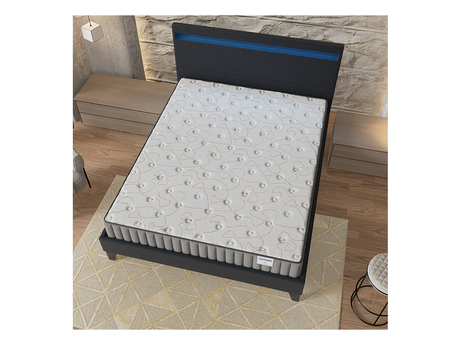 Ensemble Matelas + lit 140x190 cm, Matelas 22cm mousse, accueil mémoire de forme, lit à tête de lit LED similicuir noir