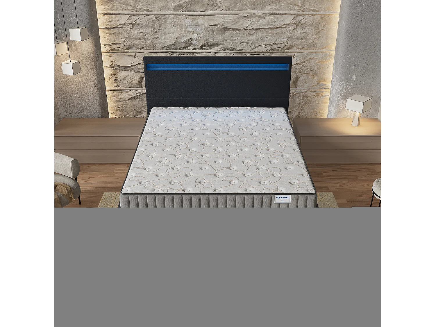 Ensemble Matelas + lit 140x190 cm, Matelas 22cm mousse, accueil mémoire de forme, lit à tête de lit LED similicuir noir