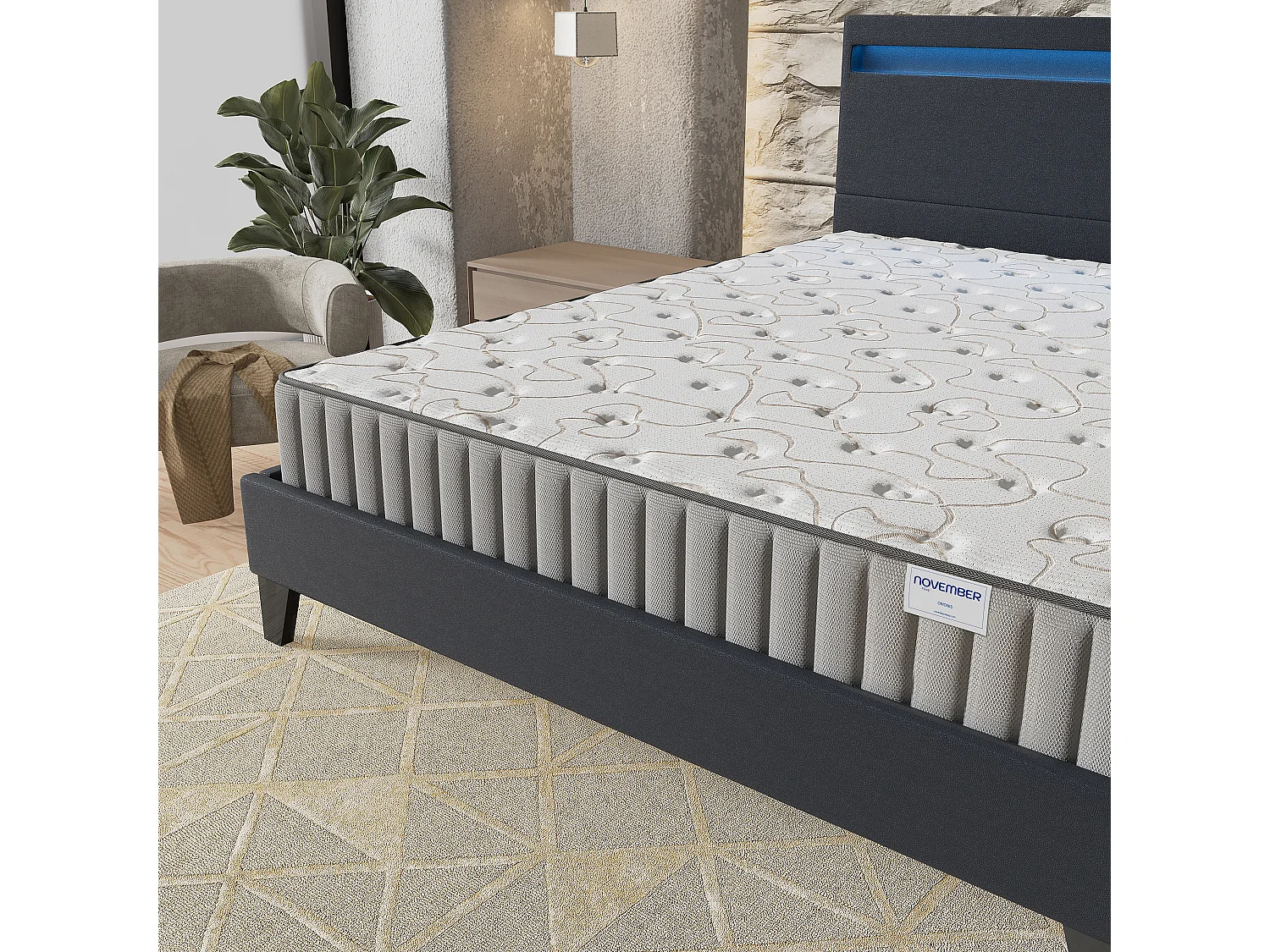 Ensemble Matelas + lit 140x190 cm, Matelas 22cm mousse, accueil mémoire de forme, lit à tête de lit LED similicuir noir