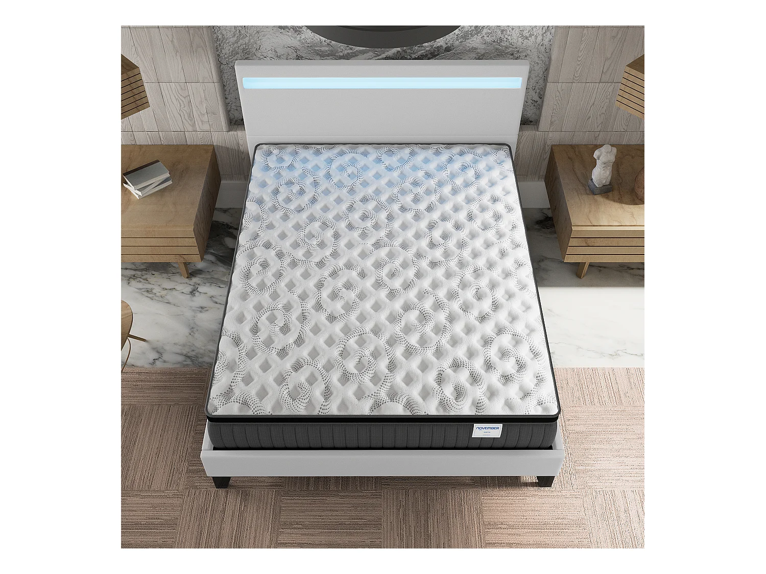 Ensemble matelas + lit 120x190 cm, matelas 30cm ressorts ensachés + mémoire de forme, lit à tête de lit LED similicuir blanc