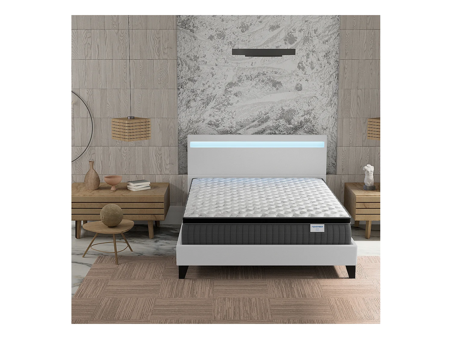 Ensemble matelas + lit 120x190 cm, matelas 30cm ressorts ensachés + mémoire de forme, lit à tête de lit LED similicuir blanc