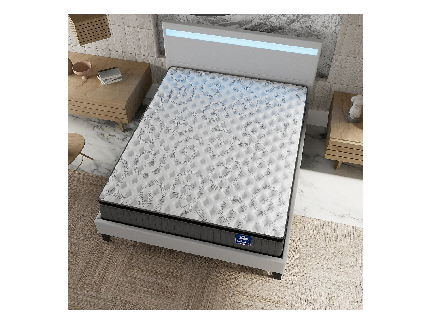 Ensemble matelas + lit 120x190 cm, matelas 30cm ressorts ensachés + mémoire de forme, lit à tête de lit LED similicuir blanc