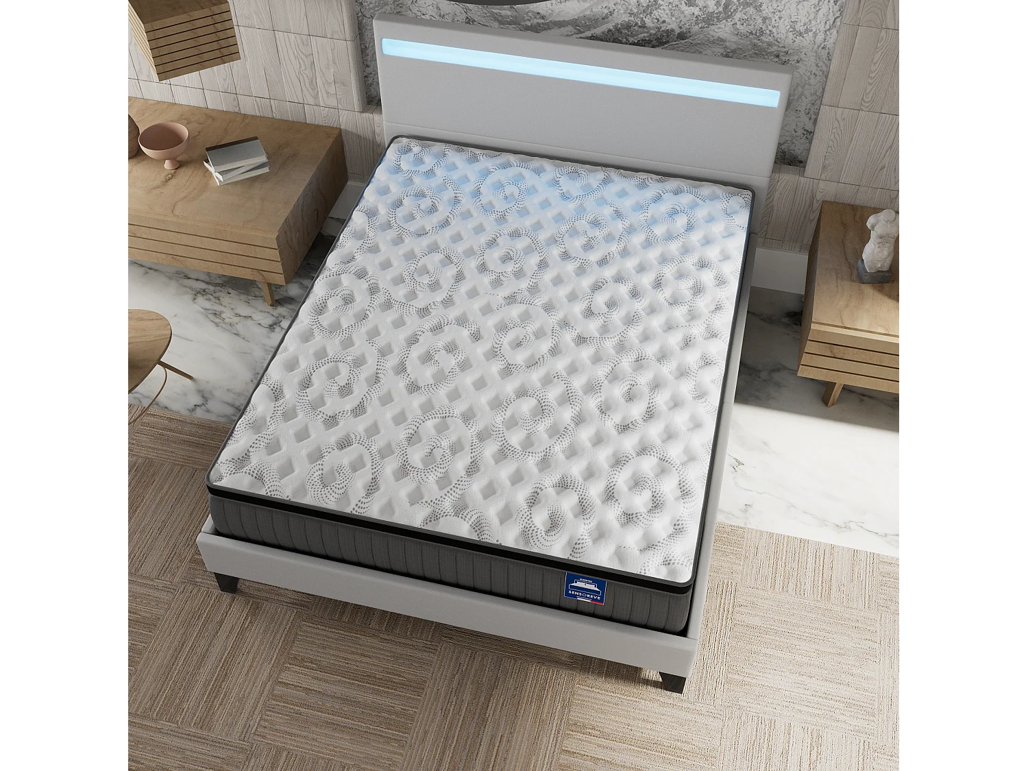 Ensemble matelas + lit 120x190 cm, matelas 30cm ressorts ensachés + mémoire de forme, lit à tête de lit LED similicuir blanc