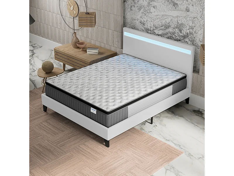 Ensemble matelas + lit 120x190 cm, matelas 30cm ressorts ensachés + mémoire de forme, lit à tête de lit LED similicuir blanc