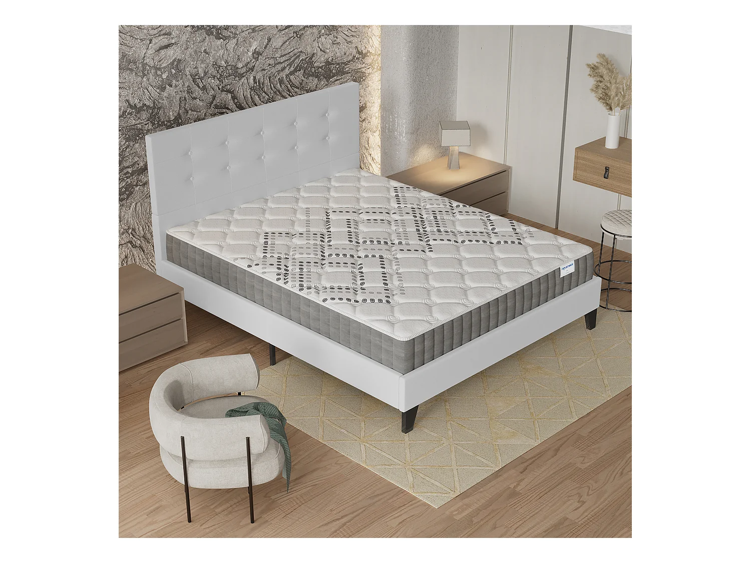 Ensemble 140x200 cm, lit avec tête de lit + matelas ressorts ensachés, ép.20cm accueil mousse HR