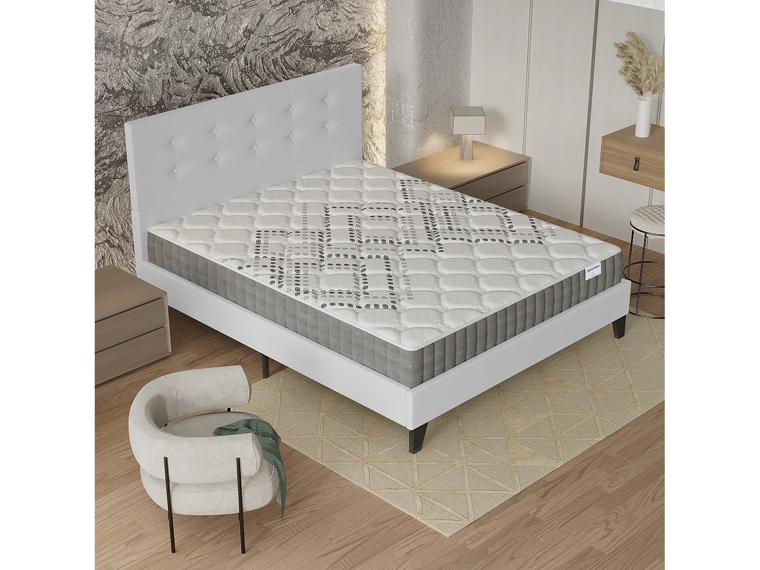 Ensemble 140x200 cm, lit avec tête de lit + matelas ressorts ensachés, ép.20cm accueil mousse HR