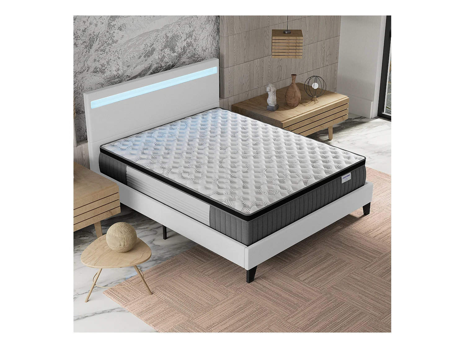 Ensemble matelas + lit 160x200 cm, matelas 30cm ressorts ensachés + mémoire de forme, lit à tête de lit LED similicuir blanc
