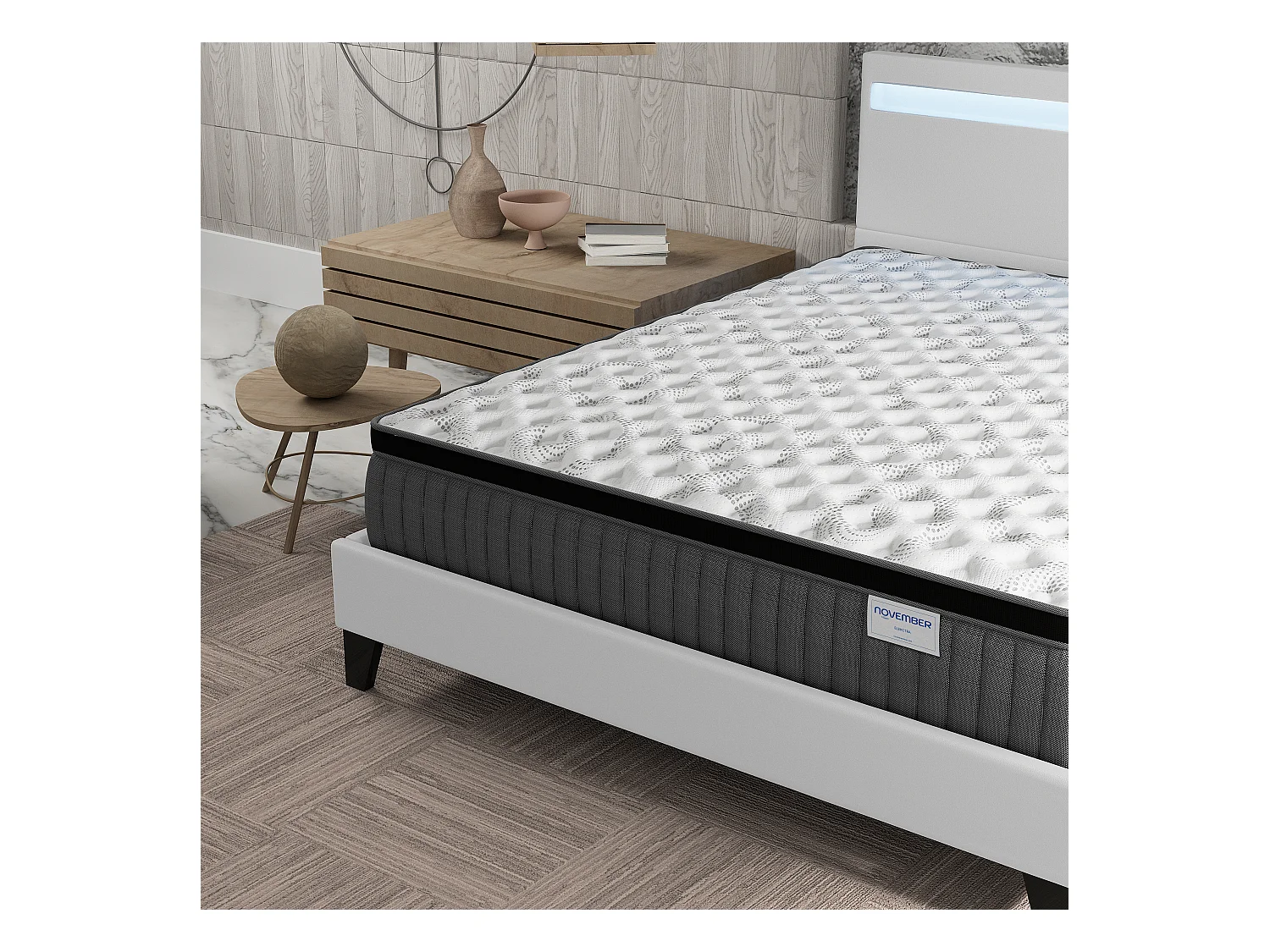 Ensemble matelas + lit 160x200 cm, matelas 30cm ressorts ensachés + mémoire de forme, lit à tête de lit LED similicuir blanc