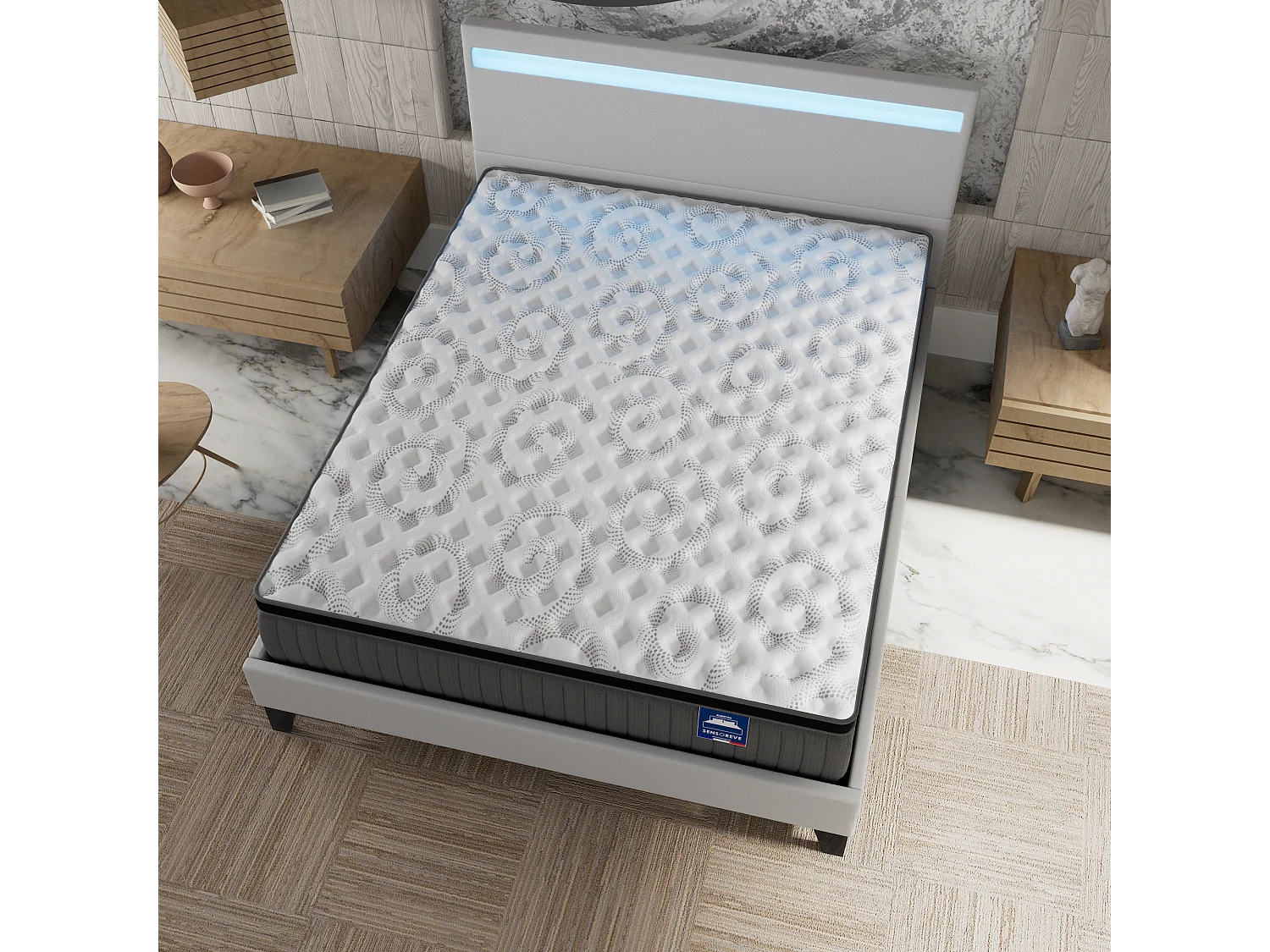 Ensemble matelas + lit 160x200 cm, matelas 30cm ressorts ensachés + mémoire de forme, lit à tête de lit LED similicuir blanc