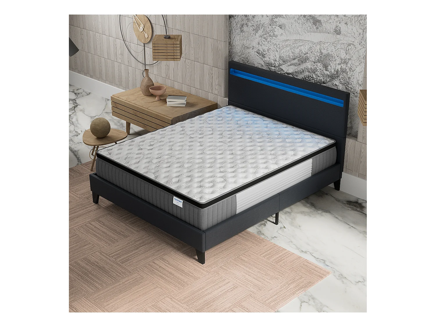 Ensemble Matelas + lit 140x190 cm, Matelas 30cm ressorts ensachés + mémoire de forme, lit à tête de lit LED similicuir noir