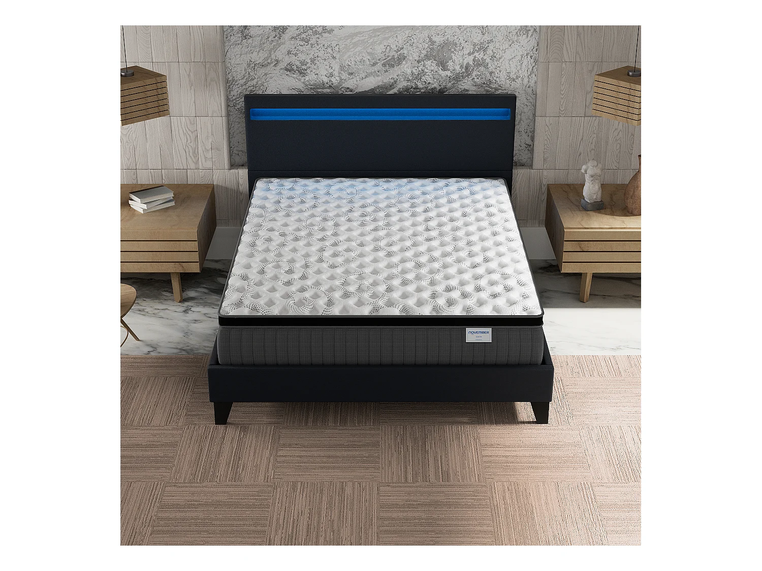 Ensemble Matelas + lit 140x190 cm, Matelas 30cm ressorts ensachés + mémoire de forme, lit à tête de lit LED similicuir noir